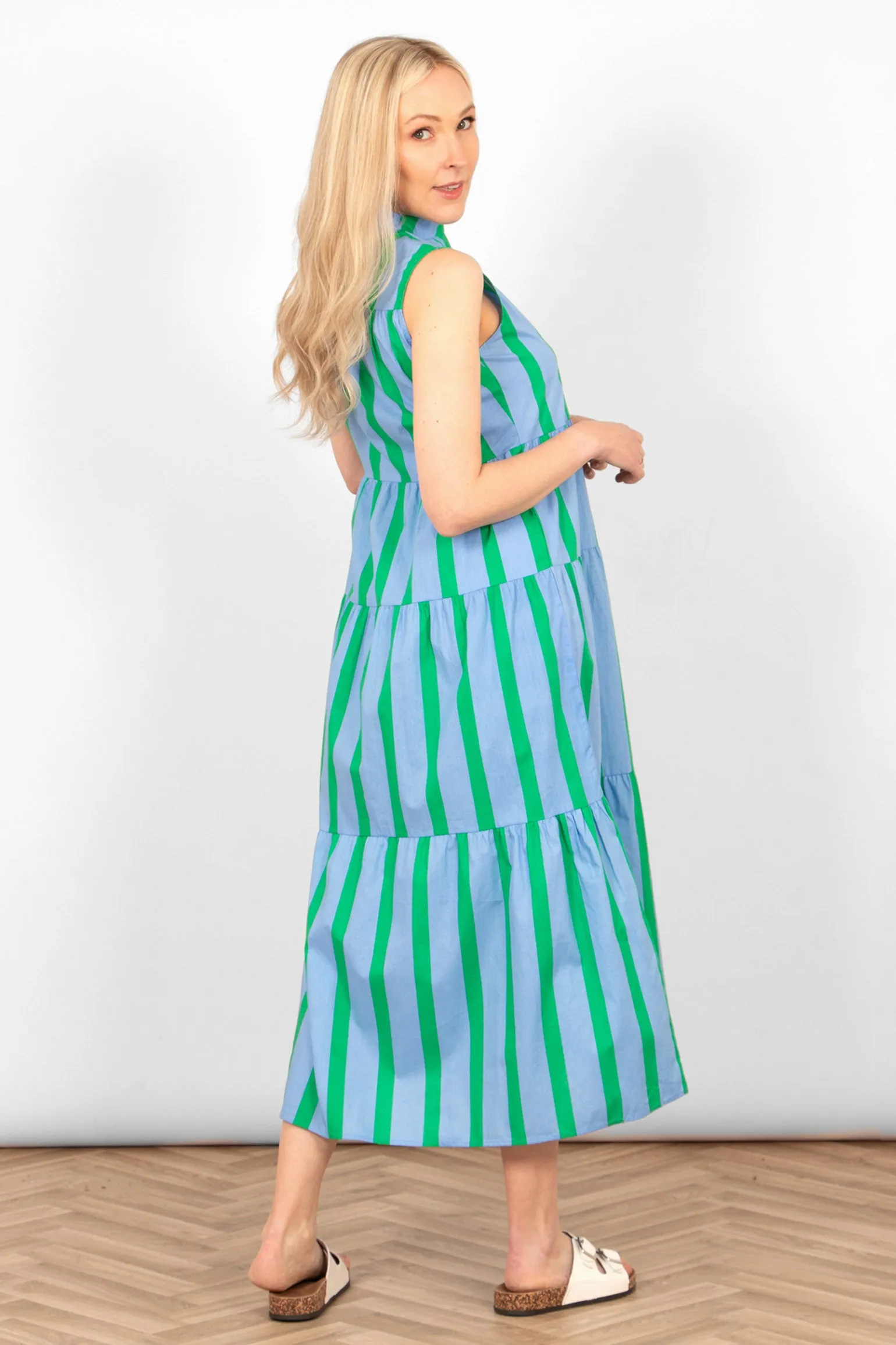 Ainsley Tiered Maxi Dress - Blue/Green, Block Stripe