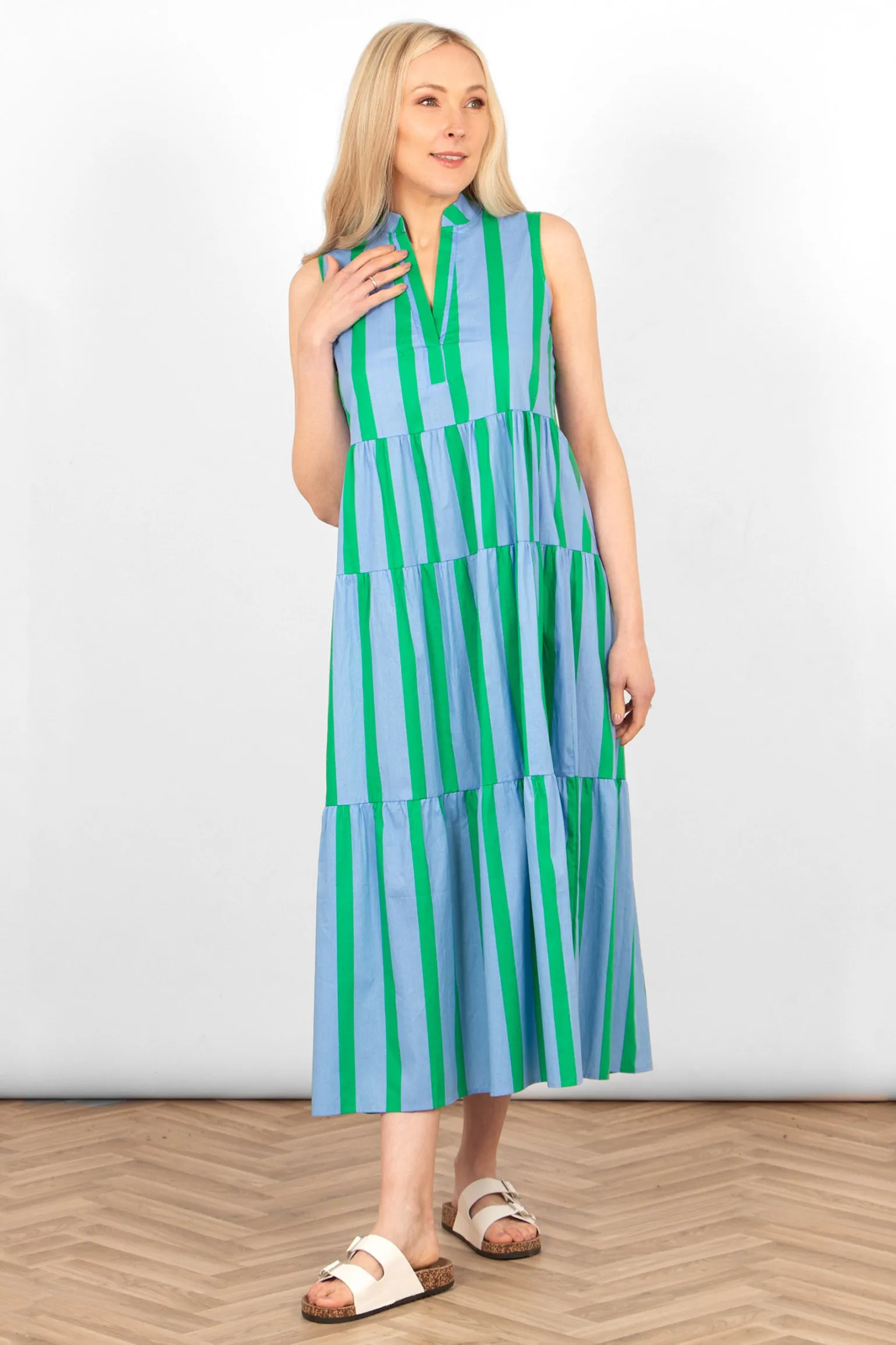 Ainsley Tiered Maxi Dress - Blue/Green, Block Stripe