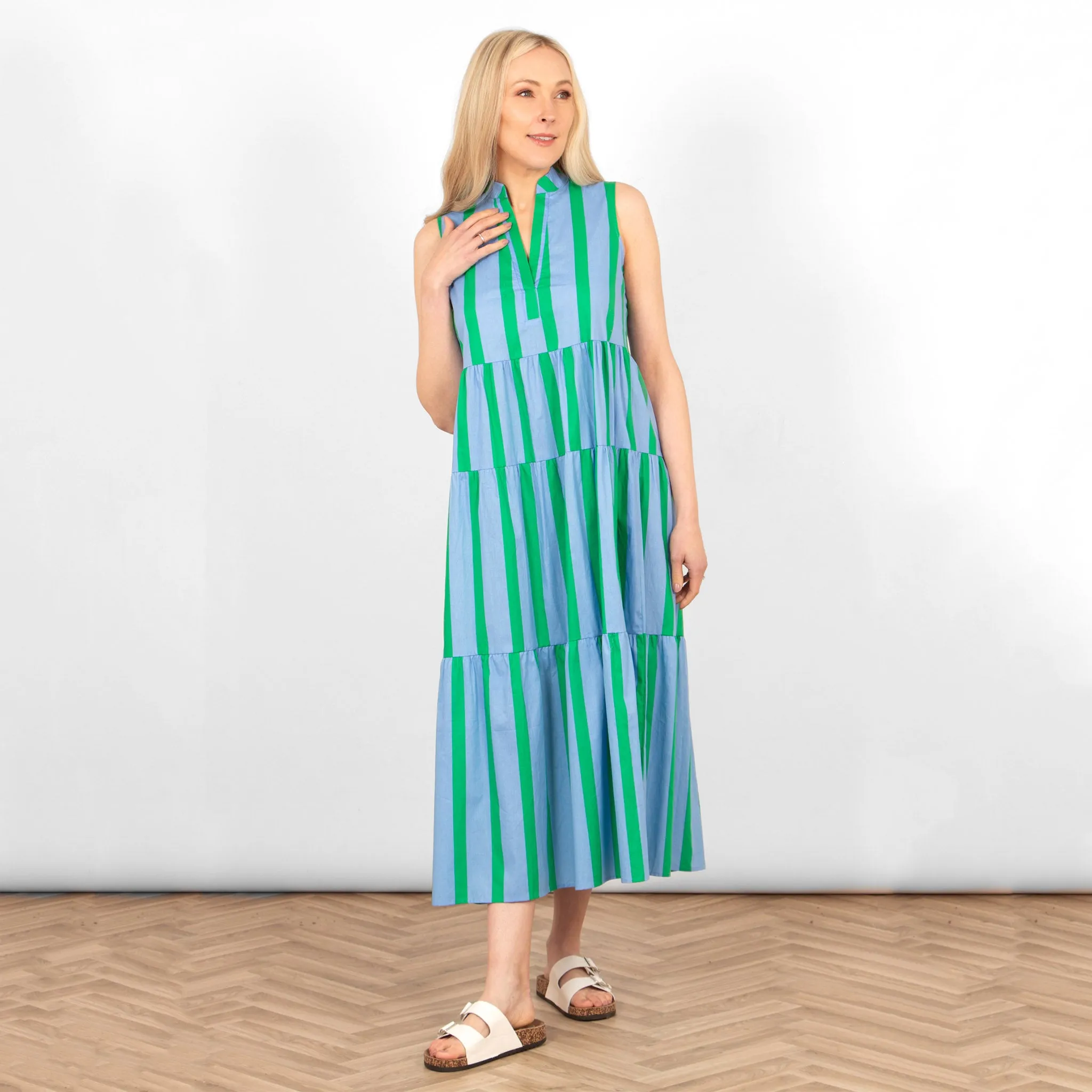Ainsley Tiered Maxi Dress - Blue/Green, Block Stripe