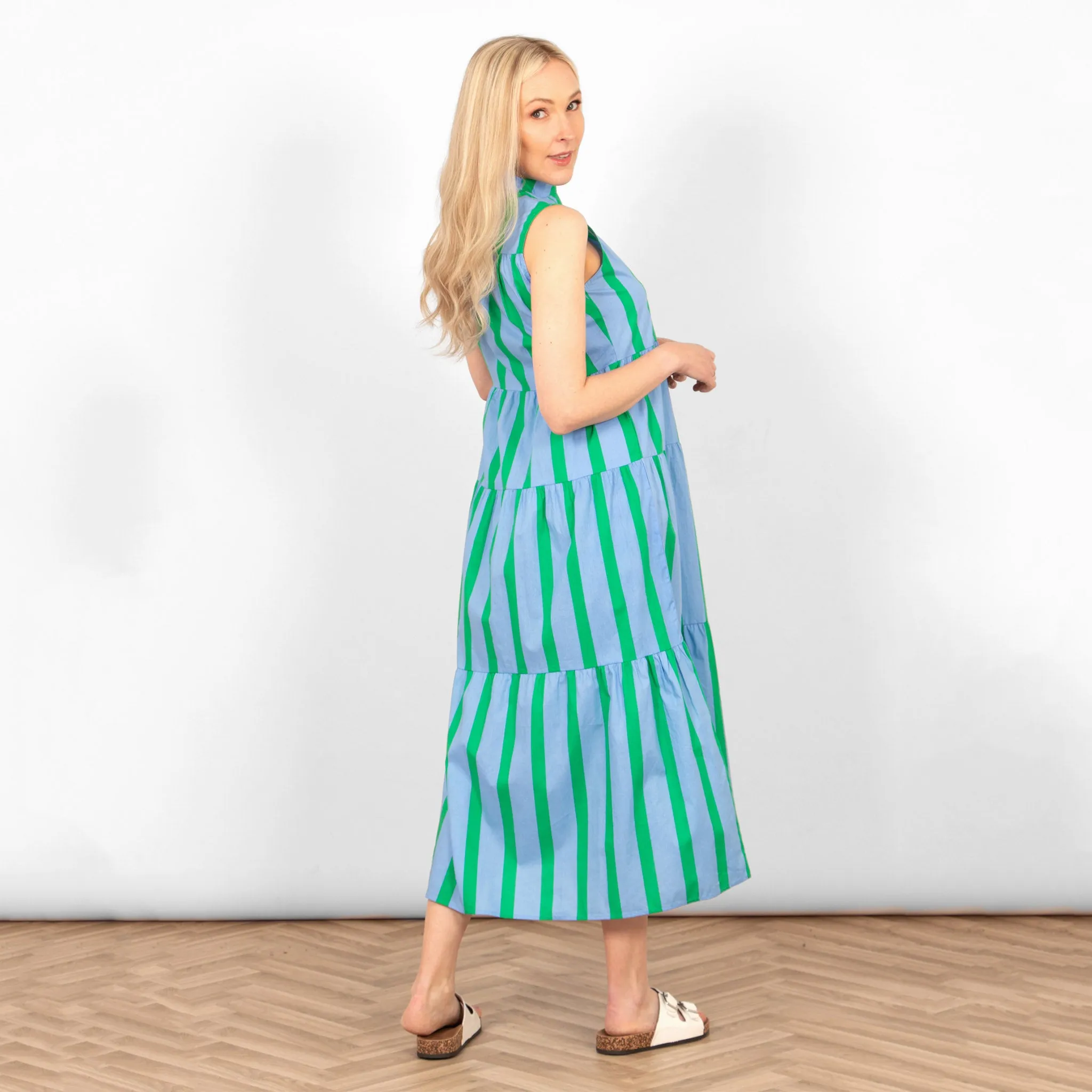 Ainsley Tiered Maxi Dress - Blue/Green, Block Stripe