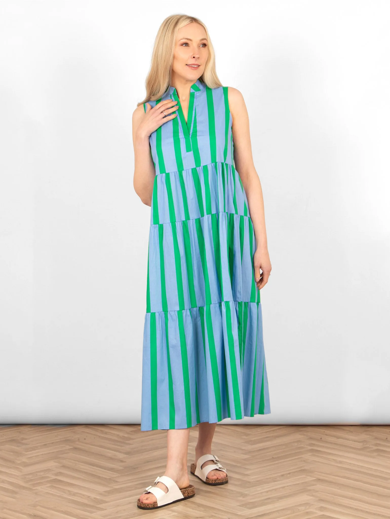 Ainsley Tiered Maxi Dress - Blue/Green, Block Stripe