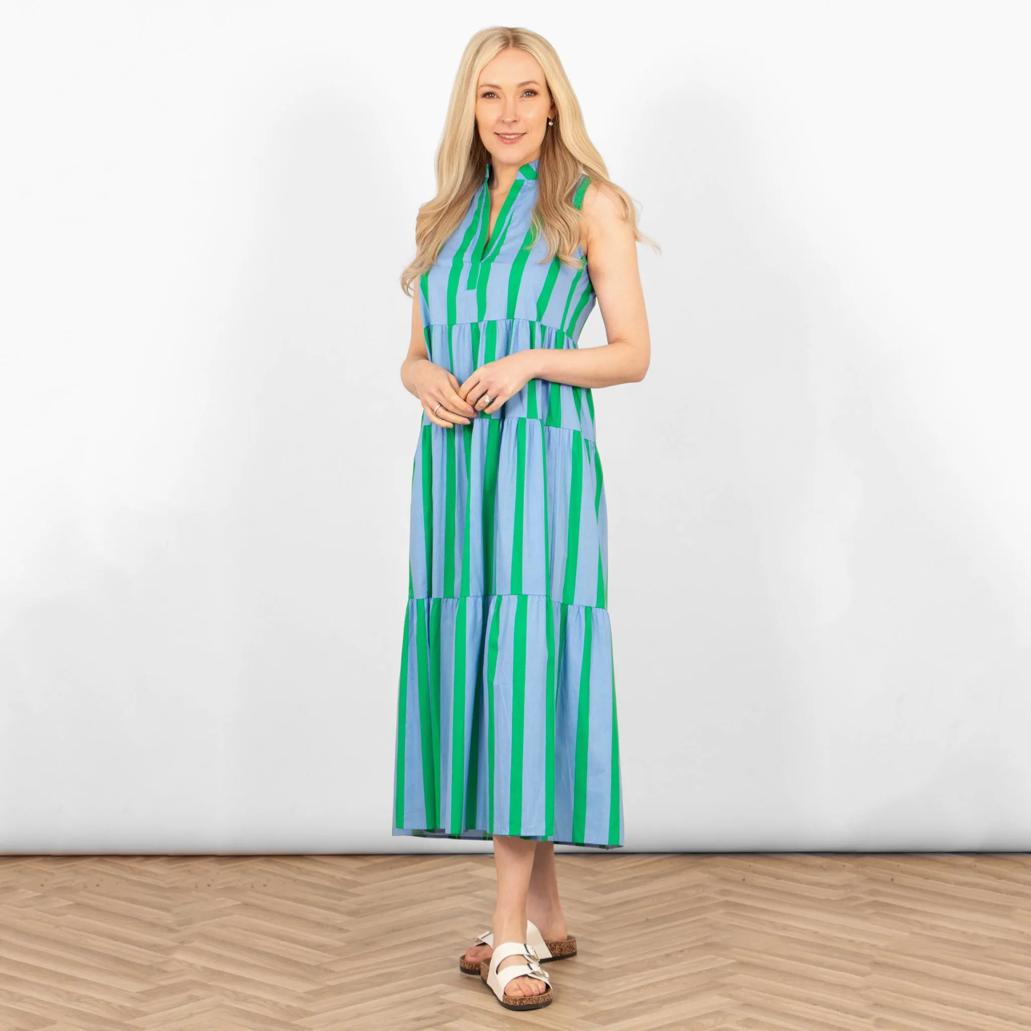 Ainsley Tiered Maxi Dress - Blue/Green, Block Stripe