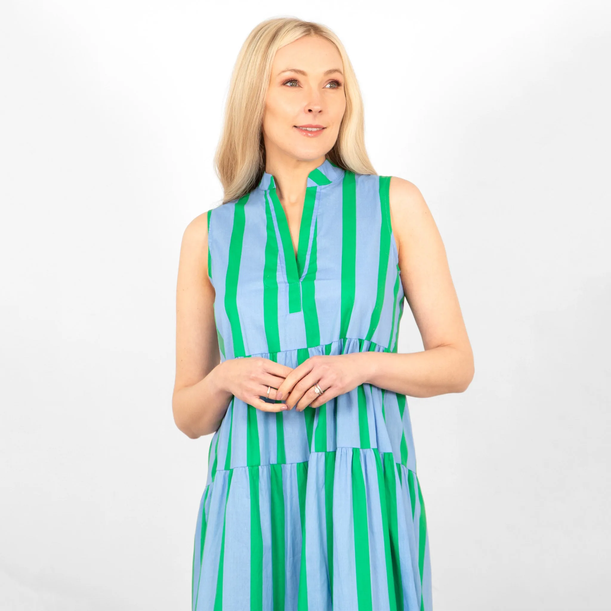 Ainsley Tiered Maxi Dress - Blue/Green, Block Stripe