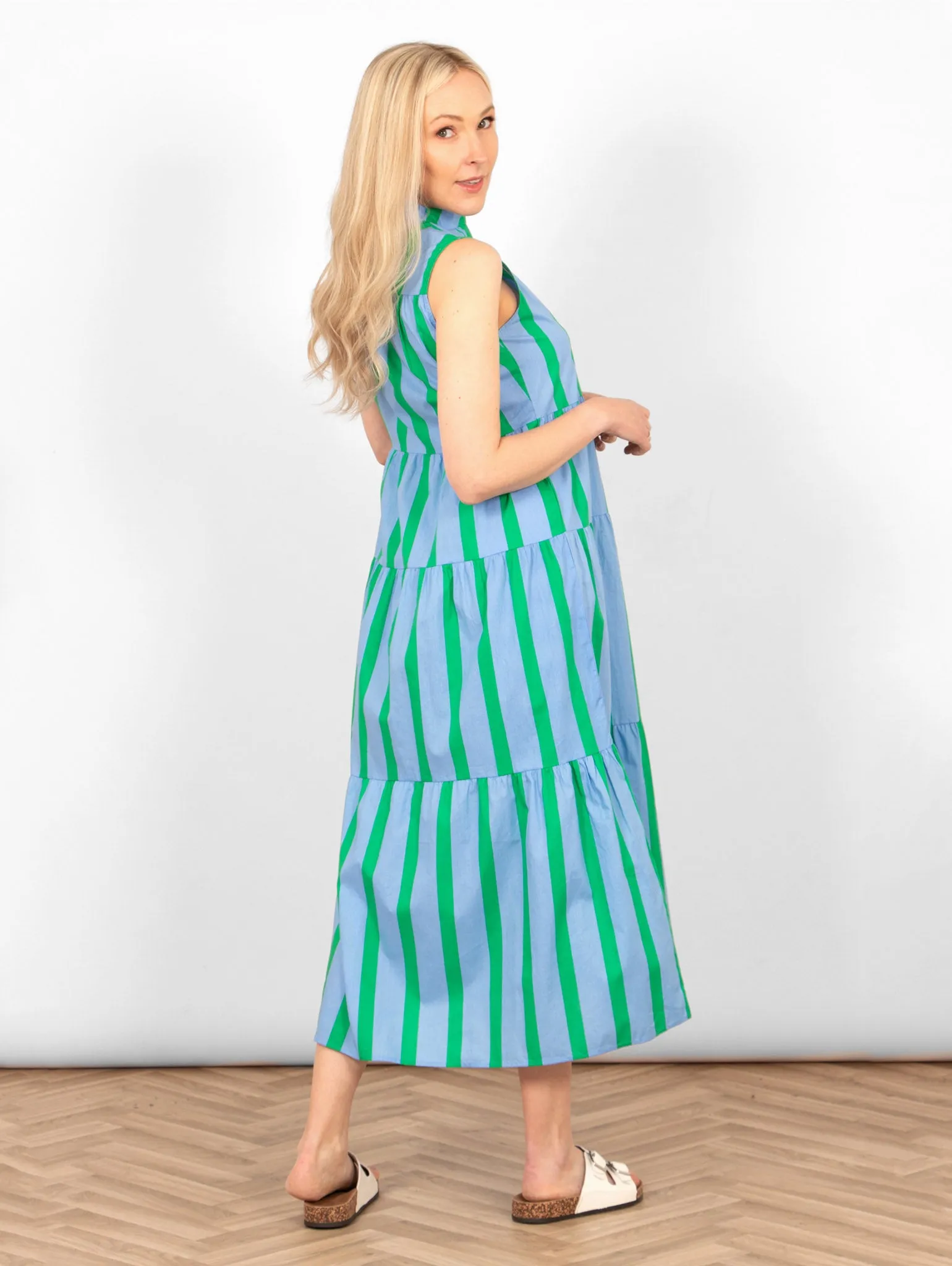 Ainsley Tiered Maxi Dress - Blue/Green, Block Stripe