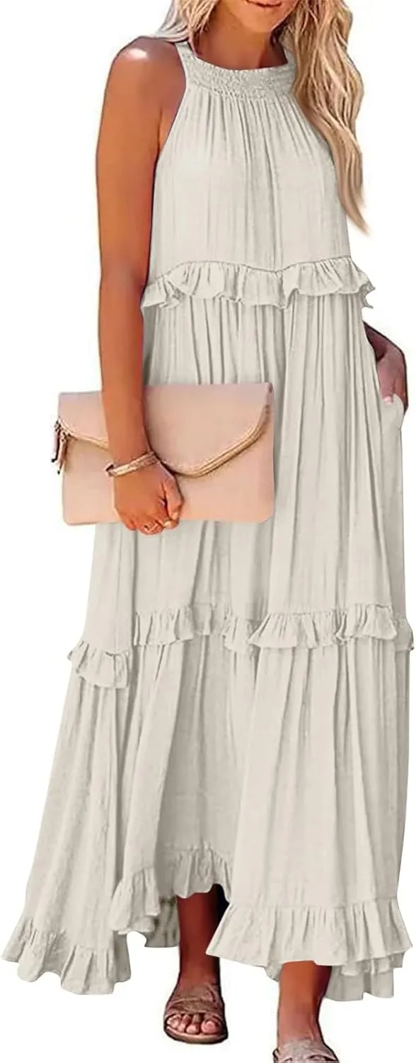 Beach Dresses for Women 2025 Vacation Halter Summer Long Dress Tiered Ruffle Flowy Swing Elegant Boho Sundress