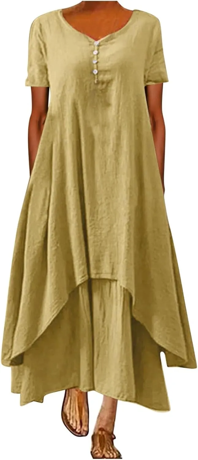Casual Dresses for Women Cotton Linen Short Sleeve Long Dress with Pockets Handkerchief Maxi Dress Summer Dresses