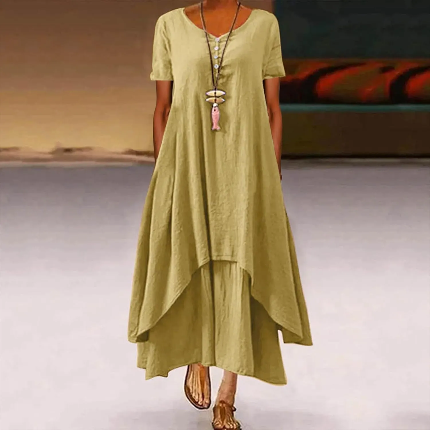 Casual Dresses for Women Cotton Linen Short Sleeve Long Dress with Pockets Handkerchief Maxi Dress Summer Dresses
