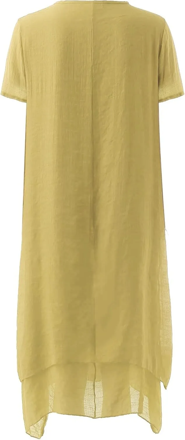 Casual Dresses for Women Cotton Linen Short Sleeve Long Dress with Pockets Handkerchief Maxi Dress Summer Dresses