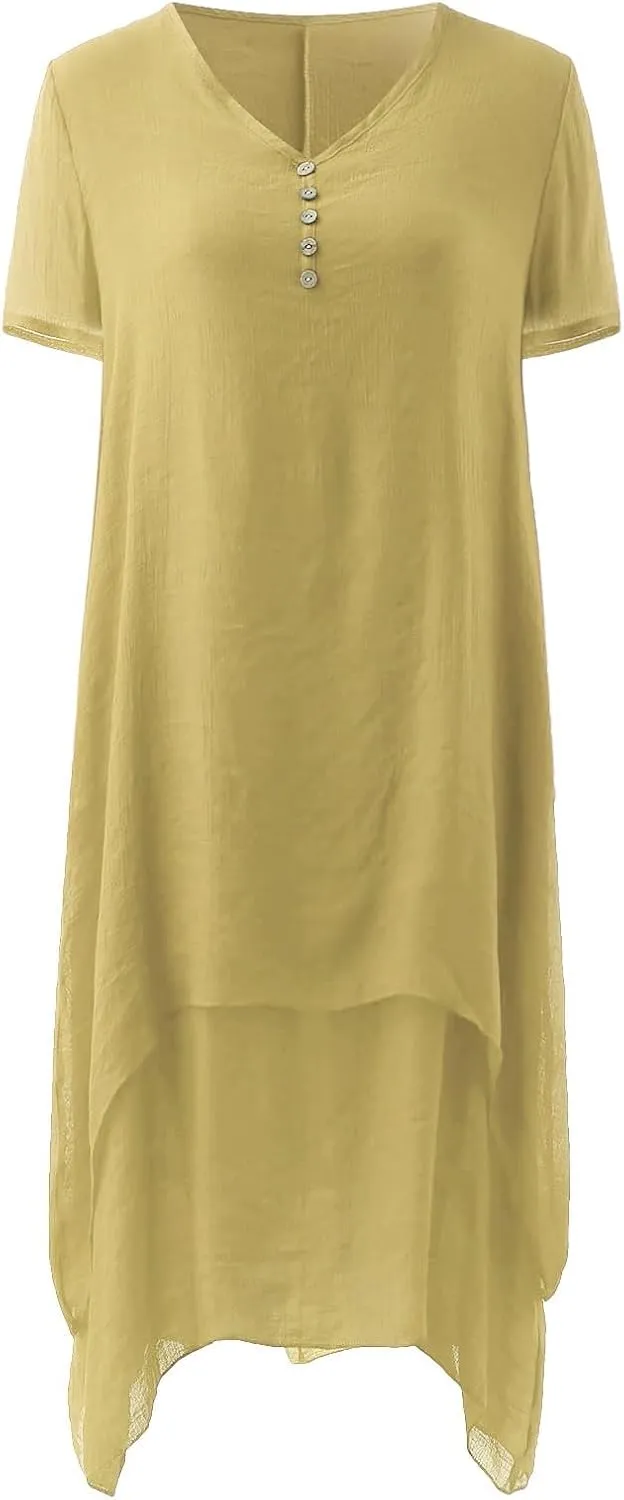 Casual Dresses for Women Cotton Linen Short Sleeve Long Dress with Pockets Handkerchief Maxi Dress Summer Dresses