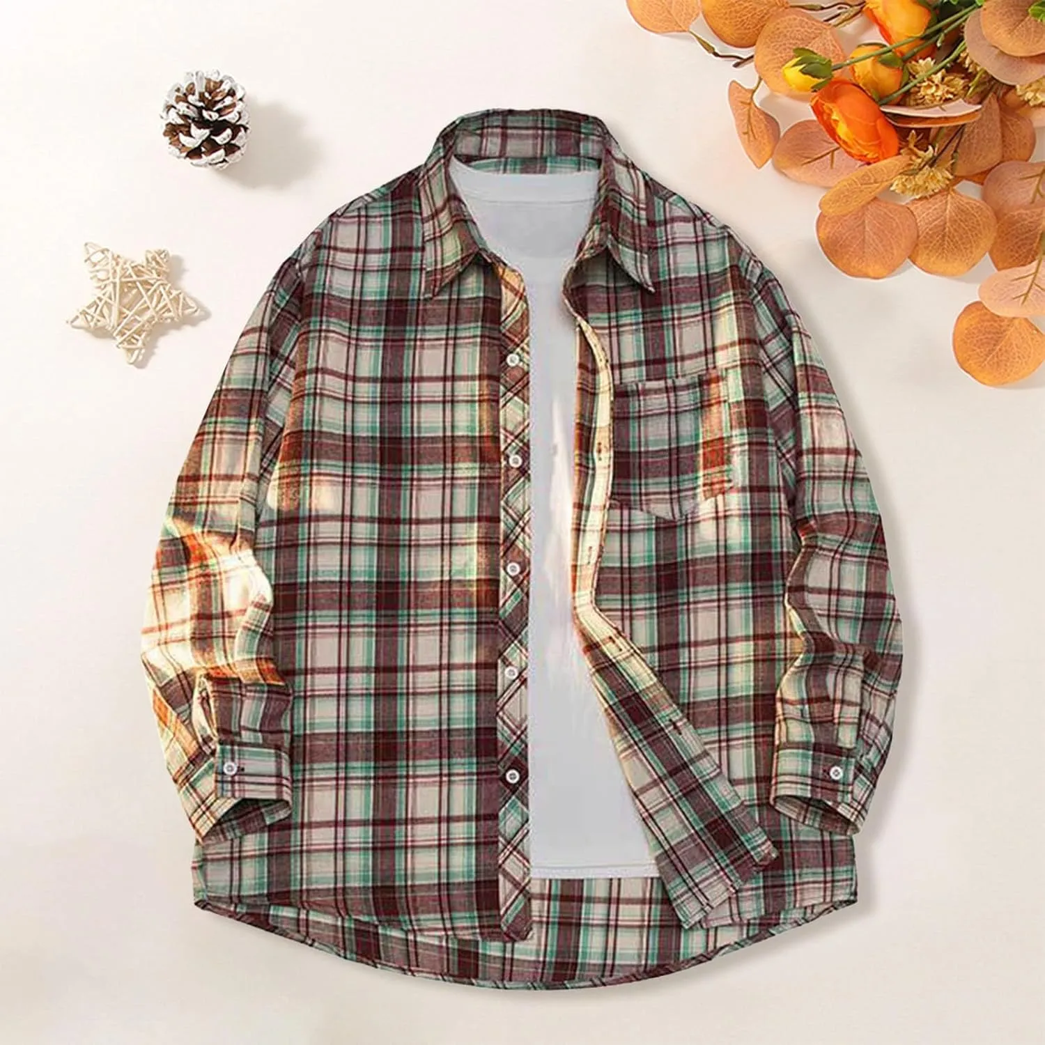 Casual Plaid Shirt for Men 100% Cotton Shirt Classic Soft Long Sleeve Button Sown Dress T Shirts Gym Work Tops