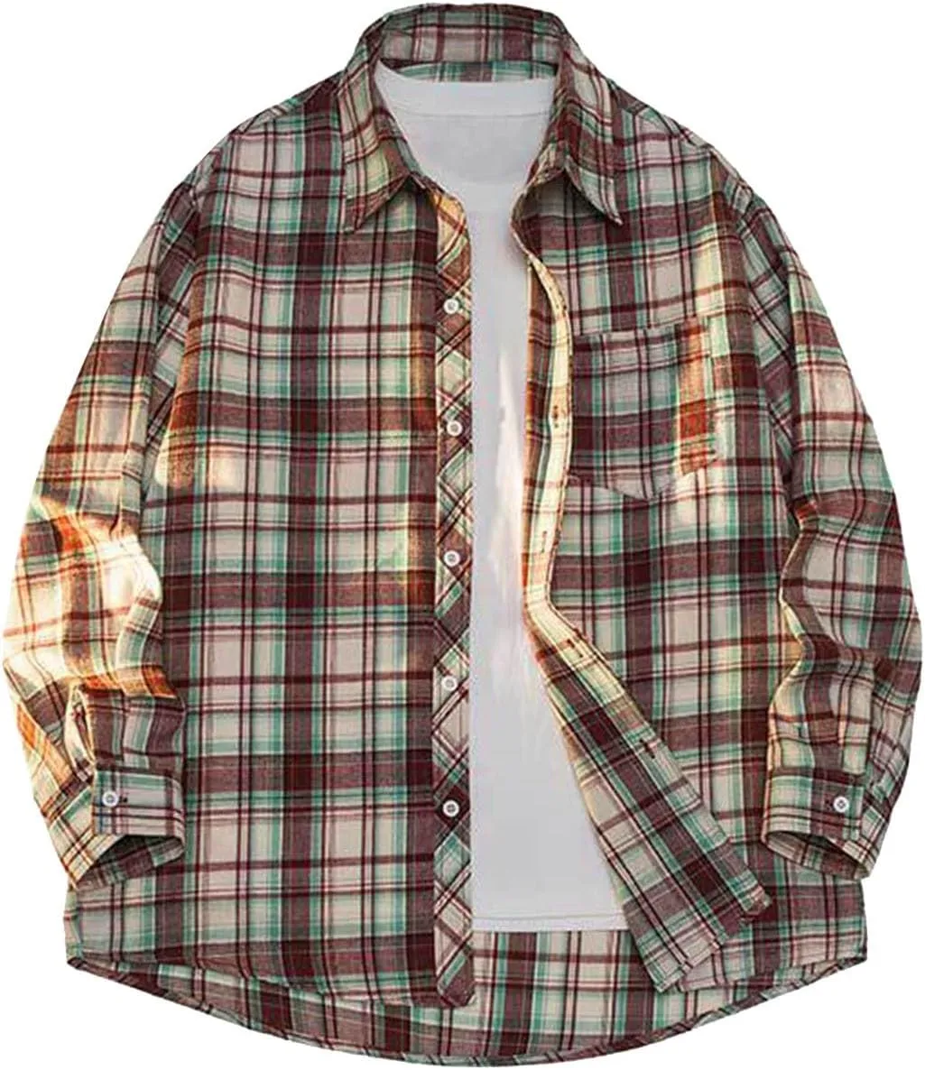 Casual Plaid Shirt for Men 100% Cotton Shirt Classic Soft Long Sleeve Button Sown Dress T Shirts Gym Work Tops