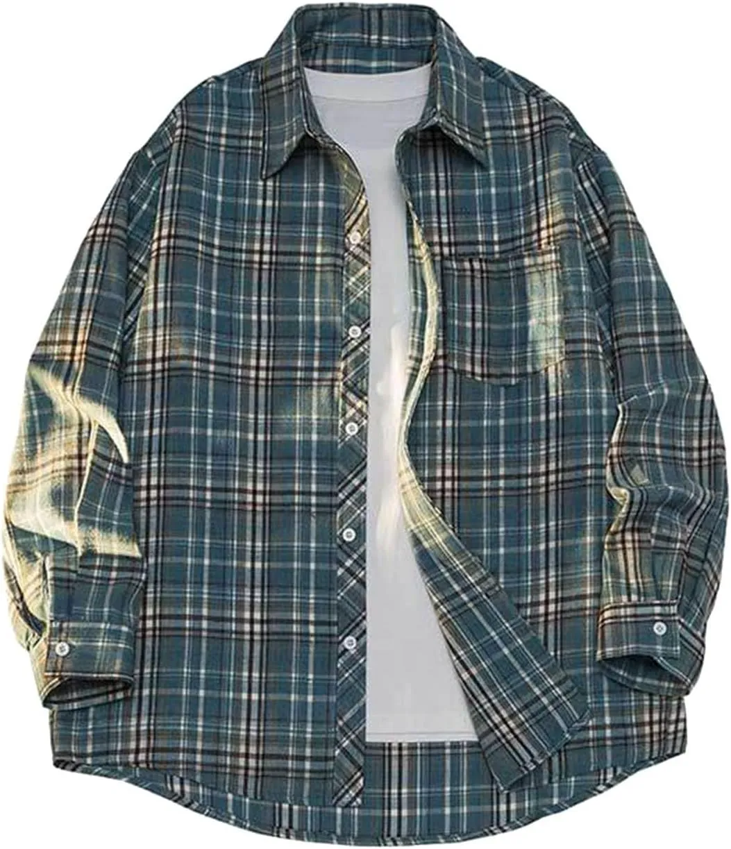 Casual Plaid Shirt for Men 100% Cotton Shirt Classic Soft Long Sleeve Button Sown Dress T Shirts Gym Work Tops