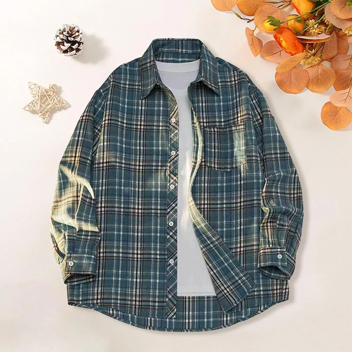 Casual Plaid Shirt for Men 100% Cotton Shirt Classic Soft Long Sleeve Button Sown Dress T Shirts Gym Work Tops