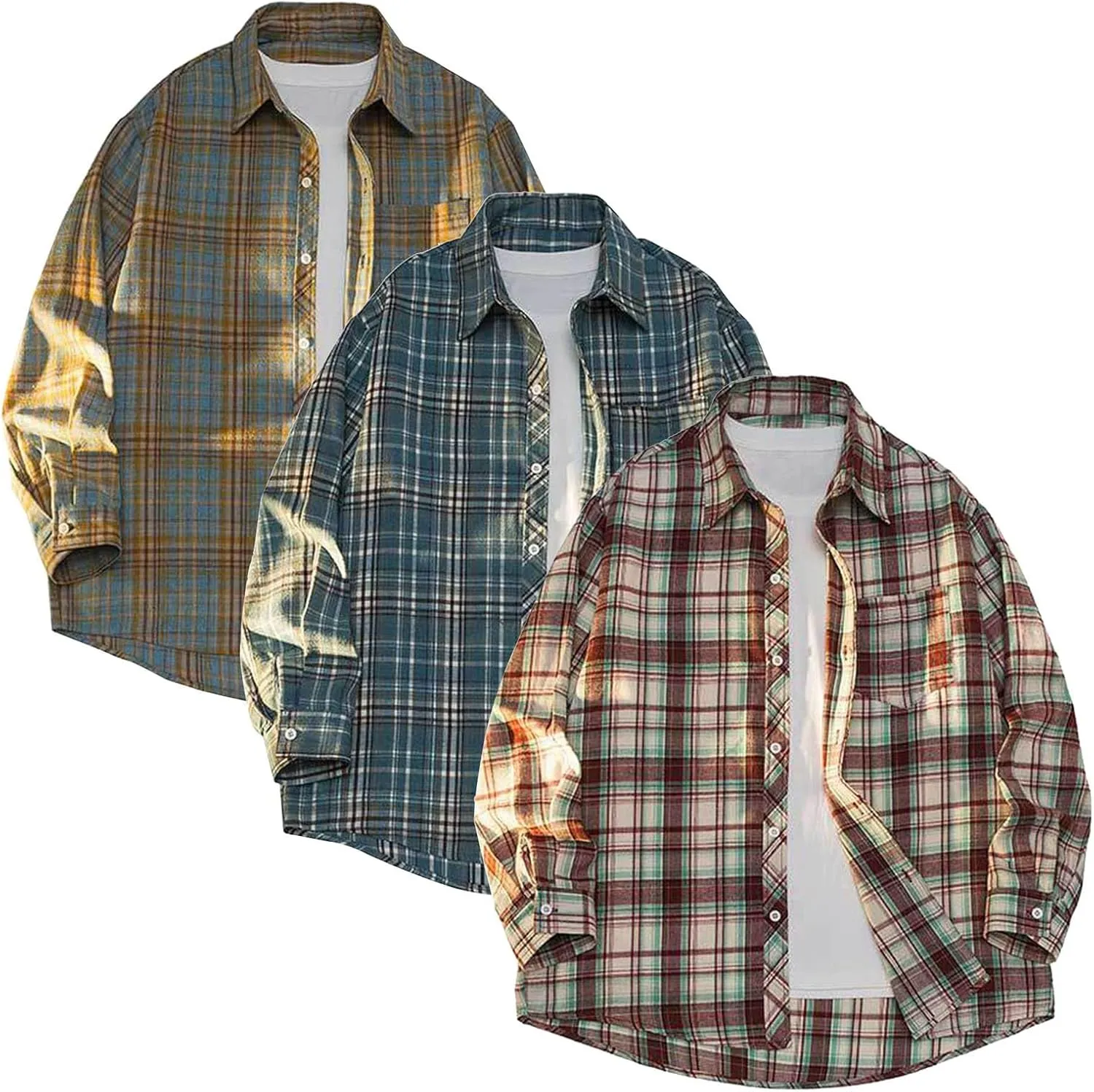 Casual Plaid Shirt for Men 100% Cotton Shirt Classic Soft Long Sleeve Button Sown Dress T Shirts Gym Work Tops