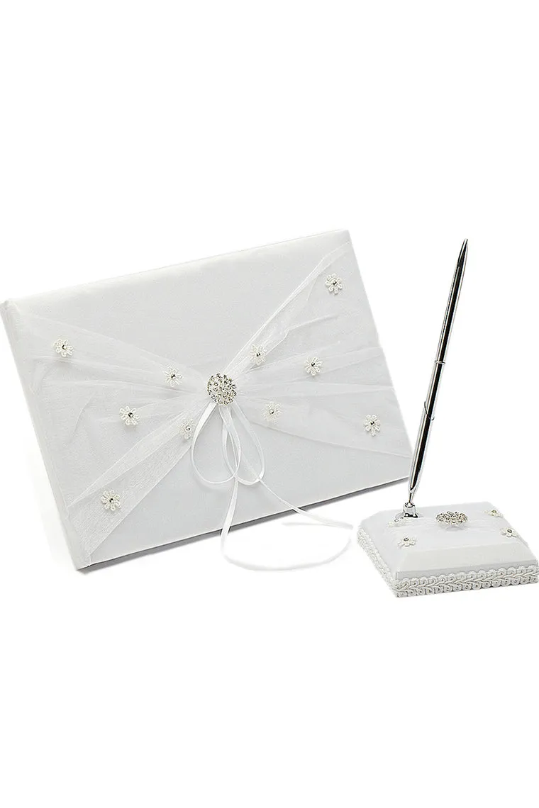 Chic Ribbons/Rhinestones/Bow/Flower Guestbook & Pen Set