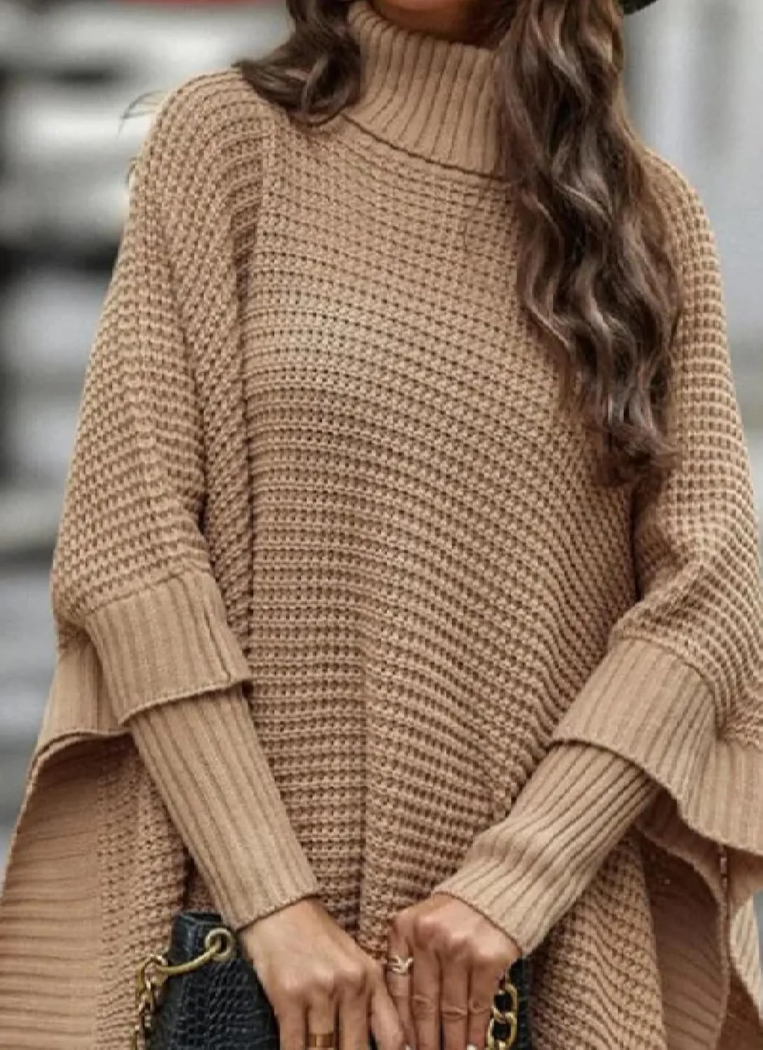 Chic Women's Oversized Sweaters Turtleneck Batwing Sleeve Ribbed Knit Loose Pullover Tops