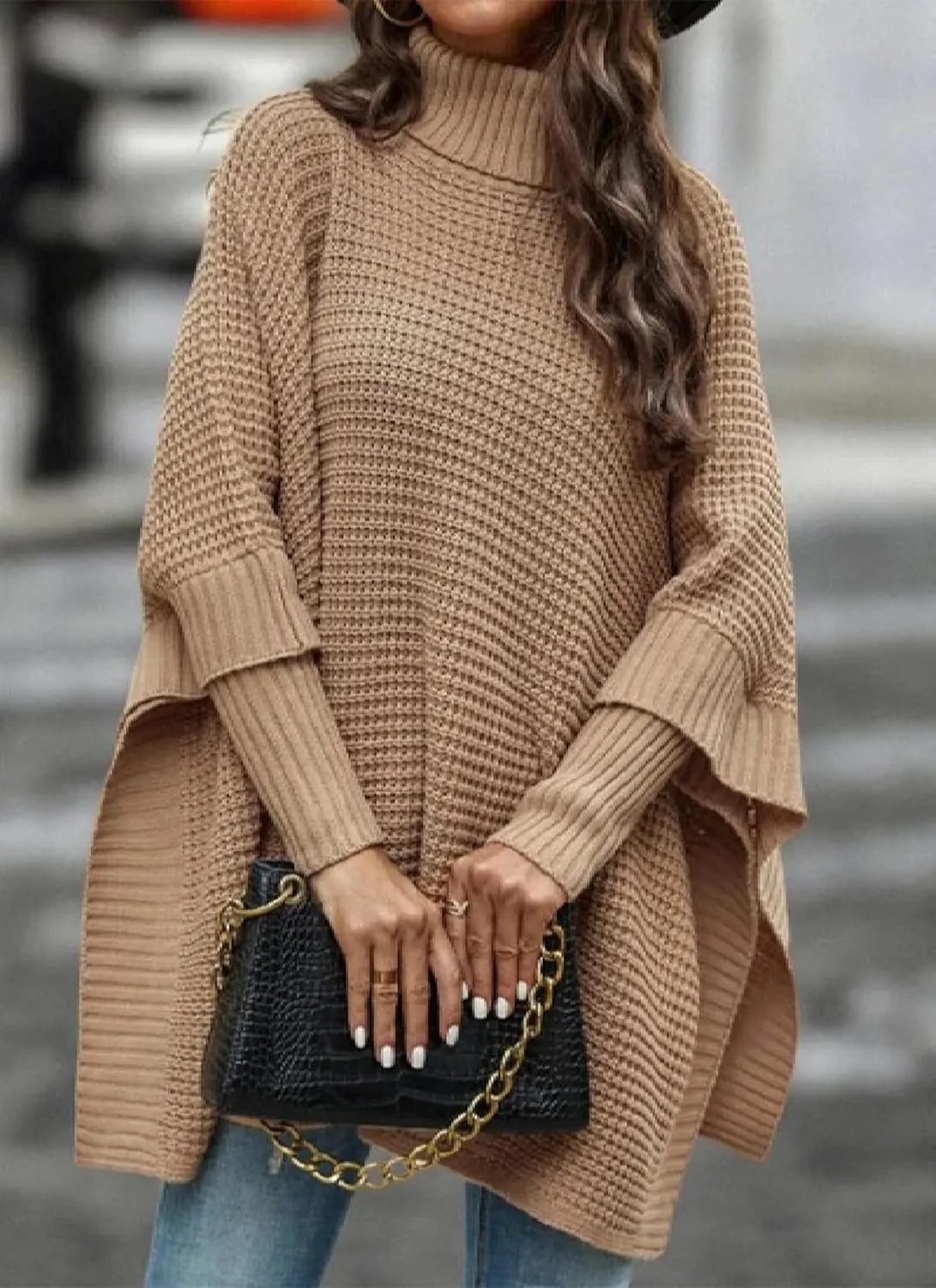 Chic Women's Oversized Sweaters Turtleneck Batwing Sleeve Ribbed Knit Loose Pullover Tops