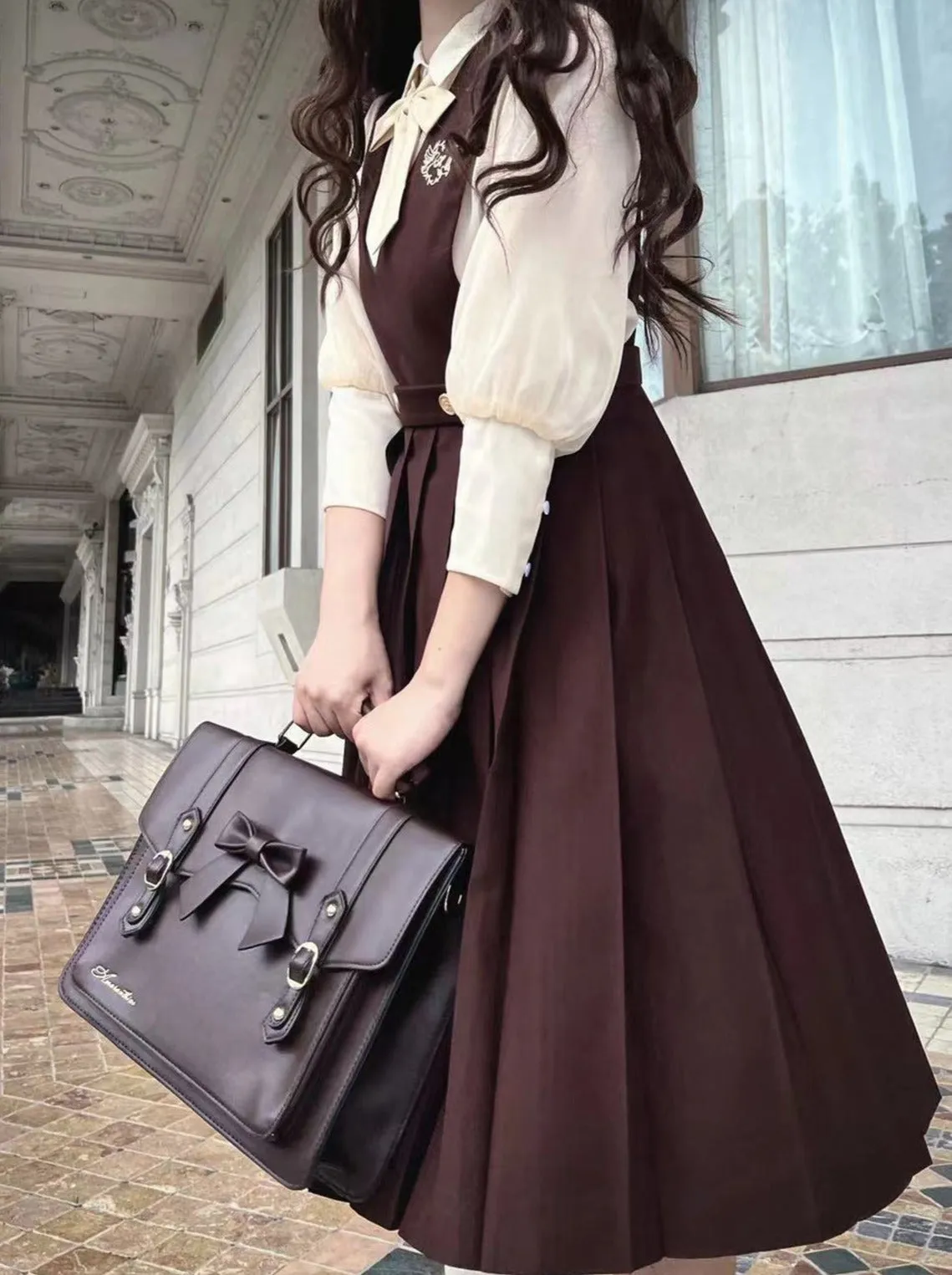 Chiffon Skirt Style Ribbon Inner Accessories V-Neck Cream Shirt College Vest