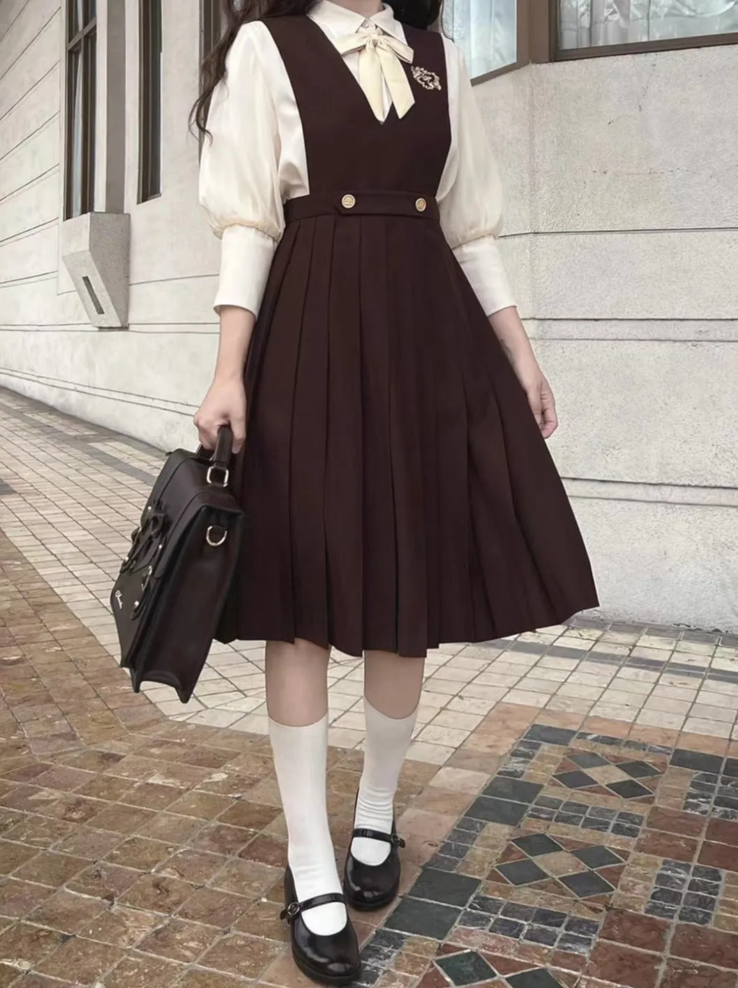 Chiffon Skirt Style Ribbon Inner Accessories V-Neck Cream Shirt College Vest