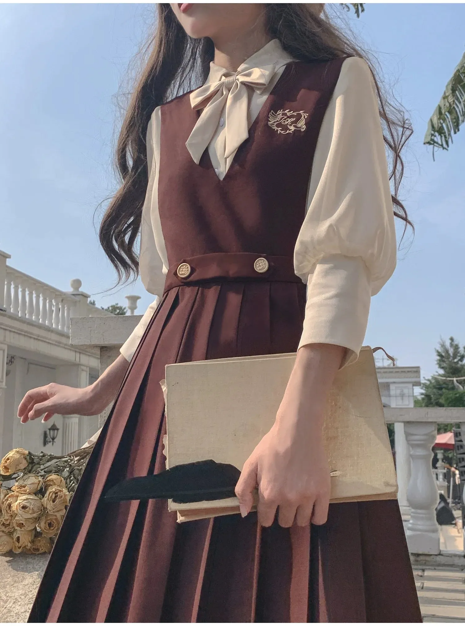 Chiffon Skirt Style Ribbon Inner Accessories V-Neck Cream Shirt College Vest