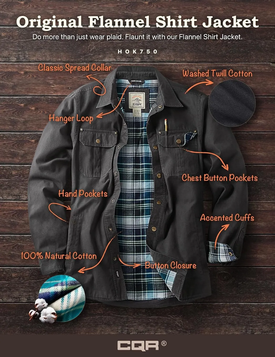 CQR Men's Twill All Cotton Flannel Lined Shirt Jacket, Soft Brushed Outdoor Shirt Jacket