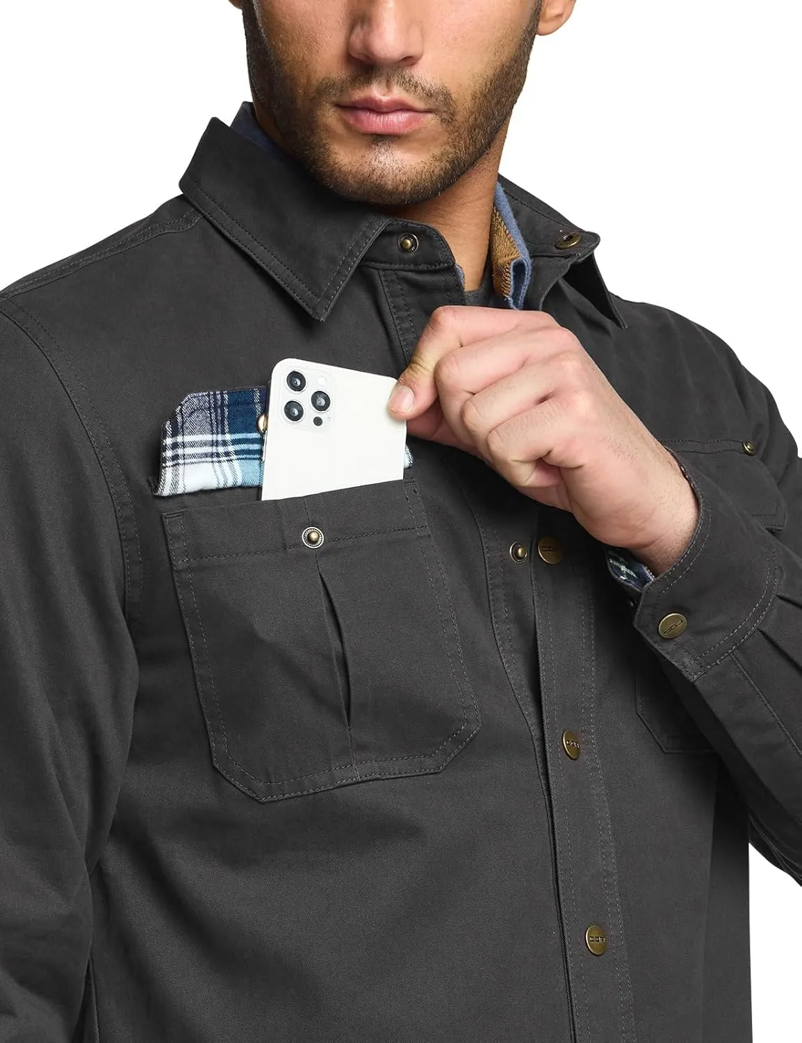CQR Men's Twill All Cotton Flannel Lined Shirt Jacket, Soft Brushed Outdoor Shirt Jacket