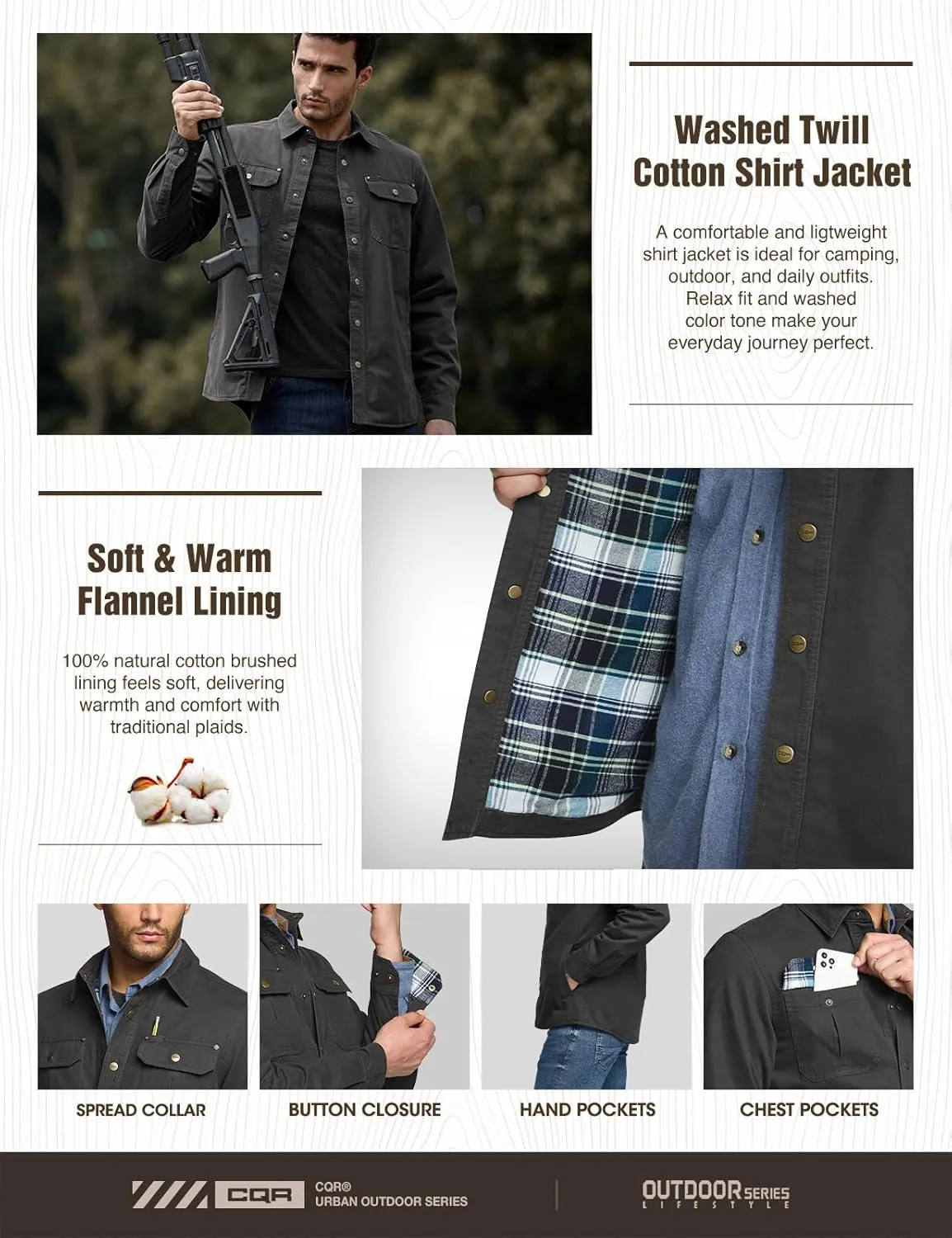 CQR Men's Twill All Cotton Flannel Lined Shirt Jacket, Soft Brushed Outdoor Shirt Jacket
