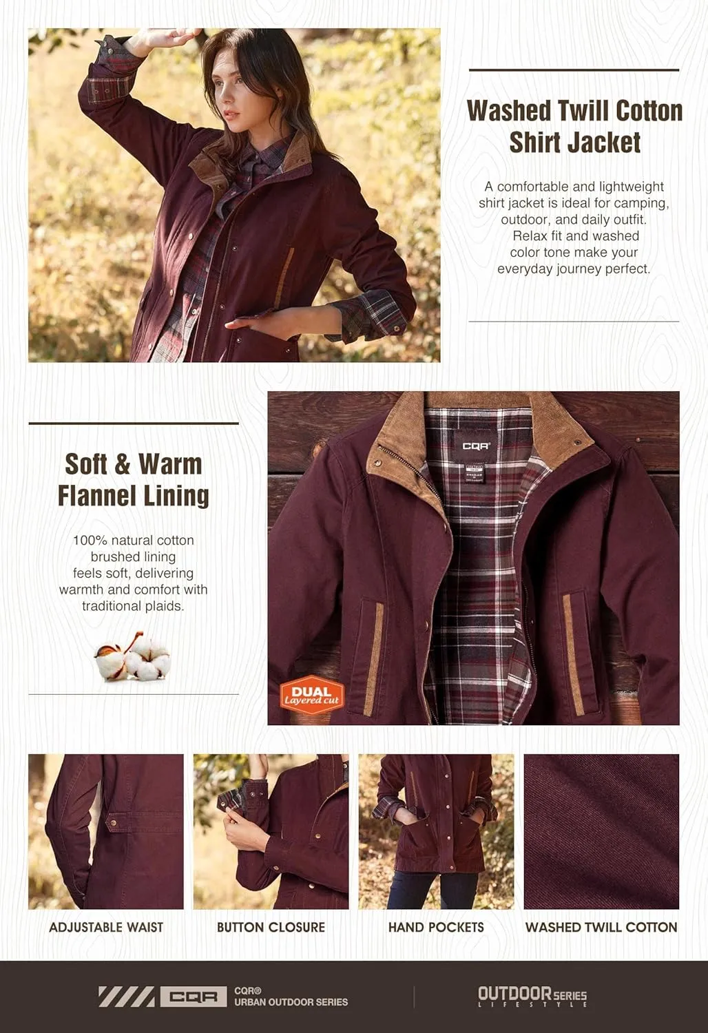 CQR Women's Twill All Cotton Flannel Shirt Jacket, Soft Long Sleeve Shirts, Corduroy Lined Outdoor Shirt Jackets