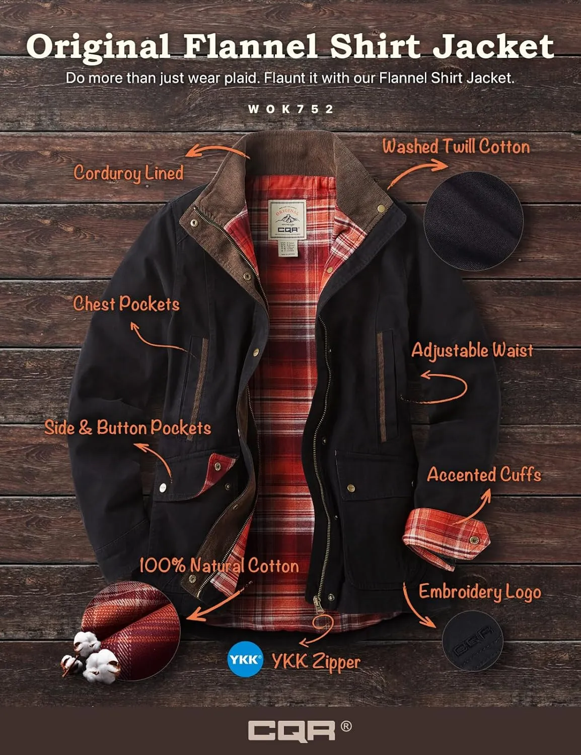 CQR Women's Twill All Cotton Flannel Shirt Jacket, Soft Long Sleeve Shirts, Corduroy Lined Outdoor Shirt Jackets