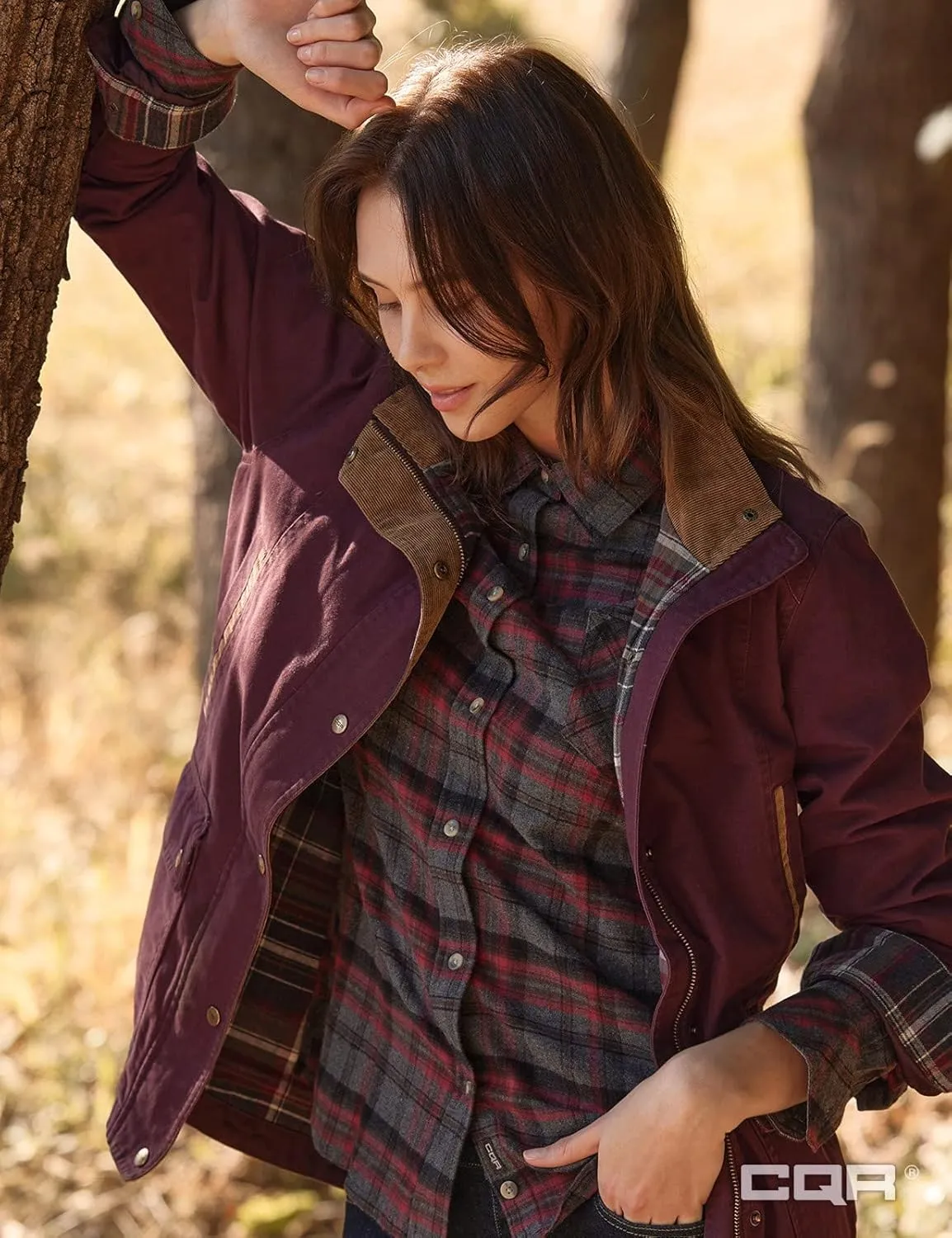 CQR Women's Twill All Cotton Flannel Shirt Jacket, Soft Long Sleeve Shirts, Corduroy Lined Outdoor Shirt Jackets