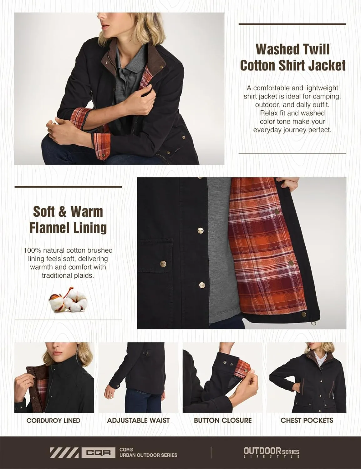 CQR Women's Twill All Cotton Flannel Shirt Jacket, Soft Long Sleeve Shirts, Corduroy Lined Outdoor Shirt Jackets