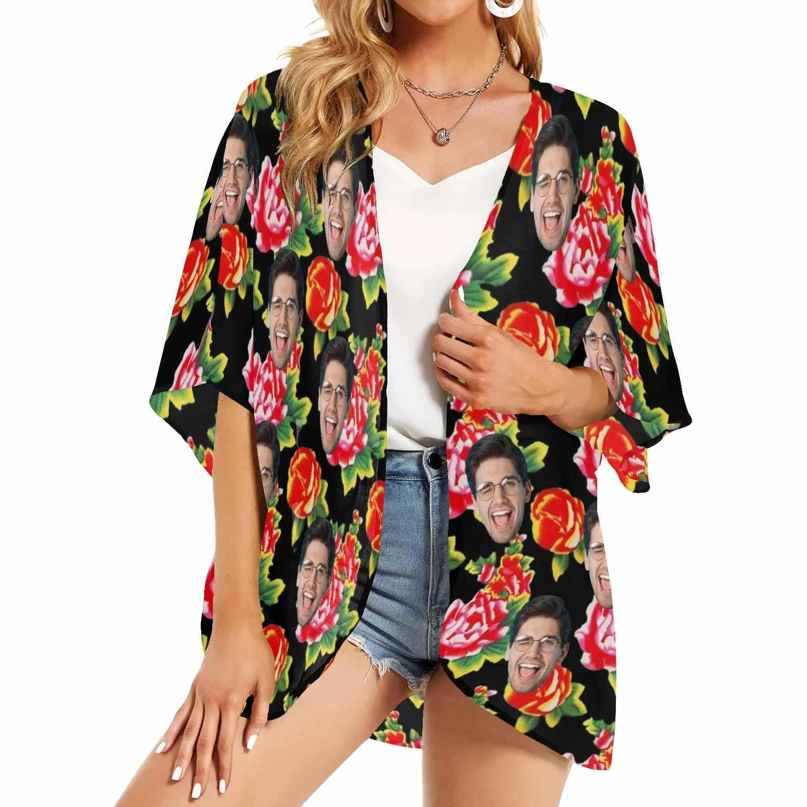 Custom Face Big Flowers Personalized Women's Kimono Chiffon Cover Up Gift