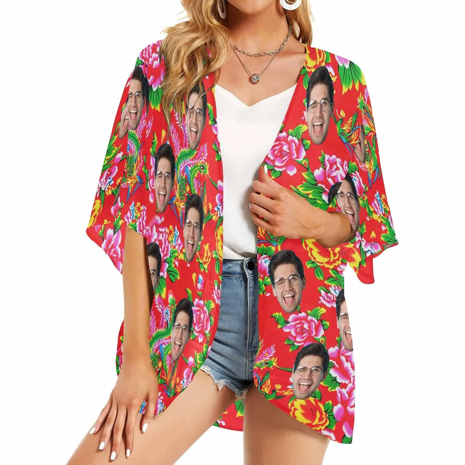 Custom Face Big Flowers Personalized Women's Kimono Chiffon Cover Up Gift