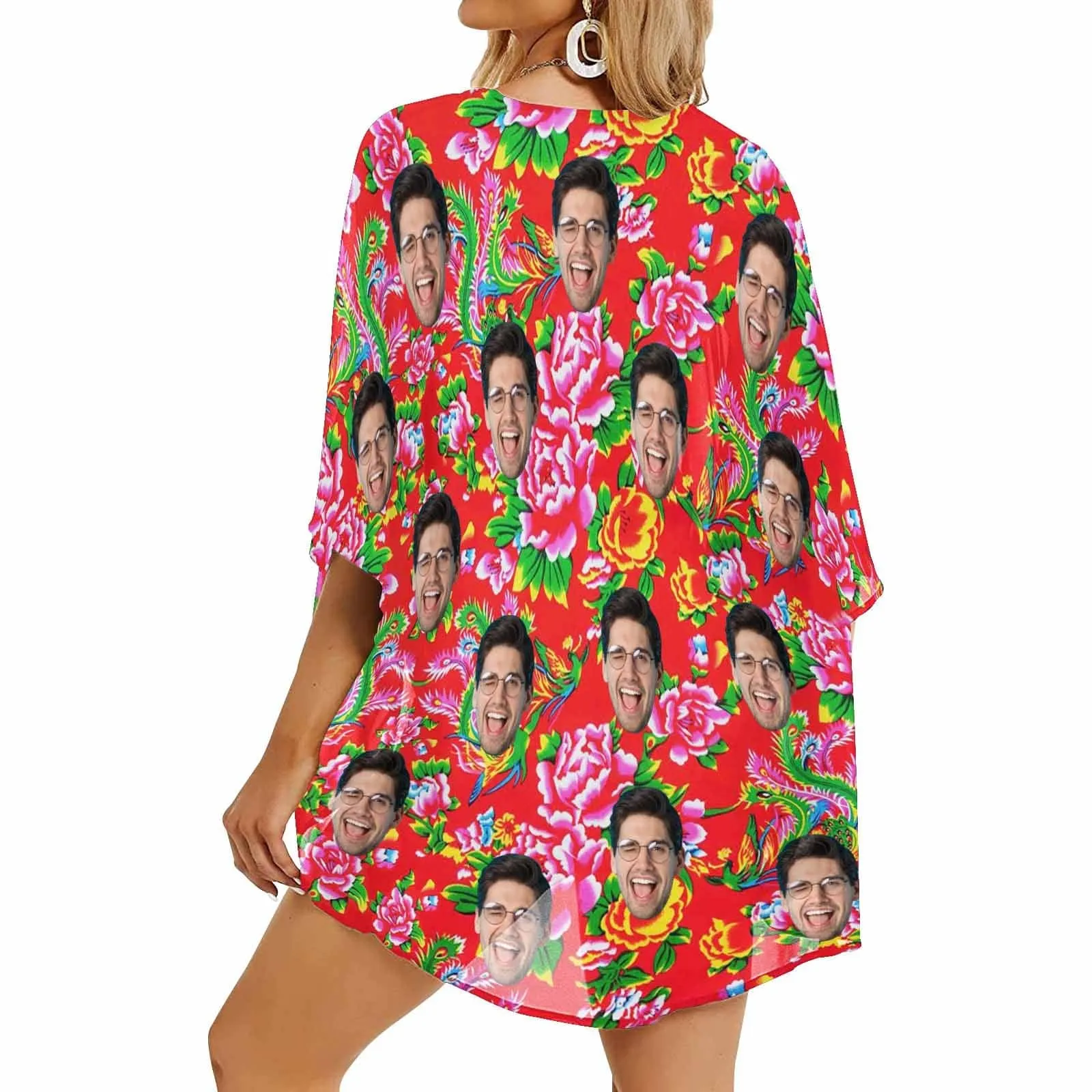 Custom Face Big Flowers Personalized Women's Kimono Chiffon Cover Up Gift