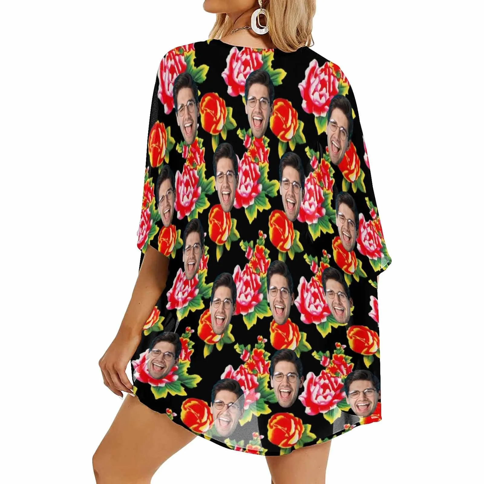 Custom Face Big Flowers Personalized Women's Kimono Chiffon Cover Up Gift