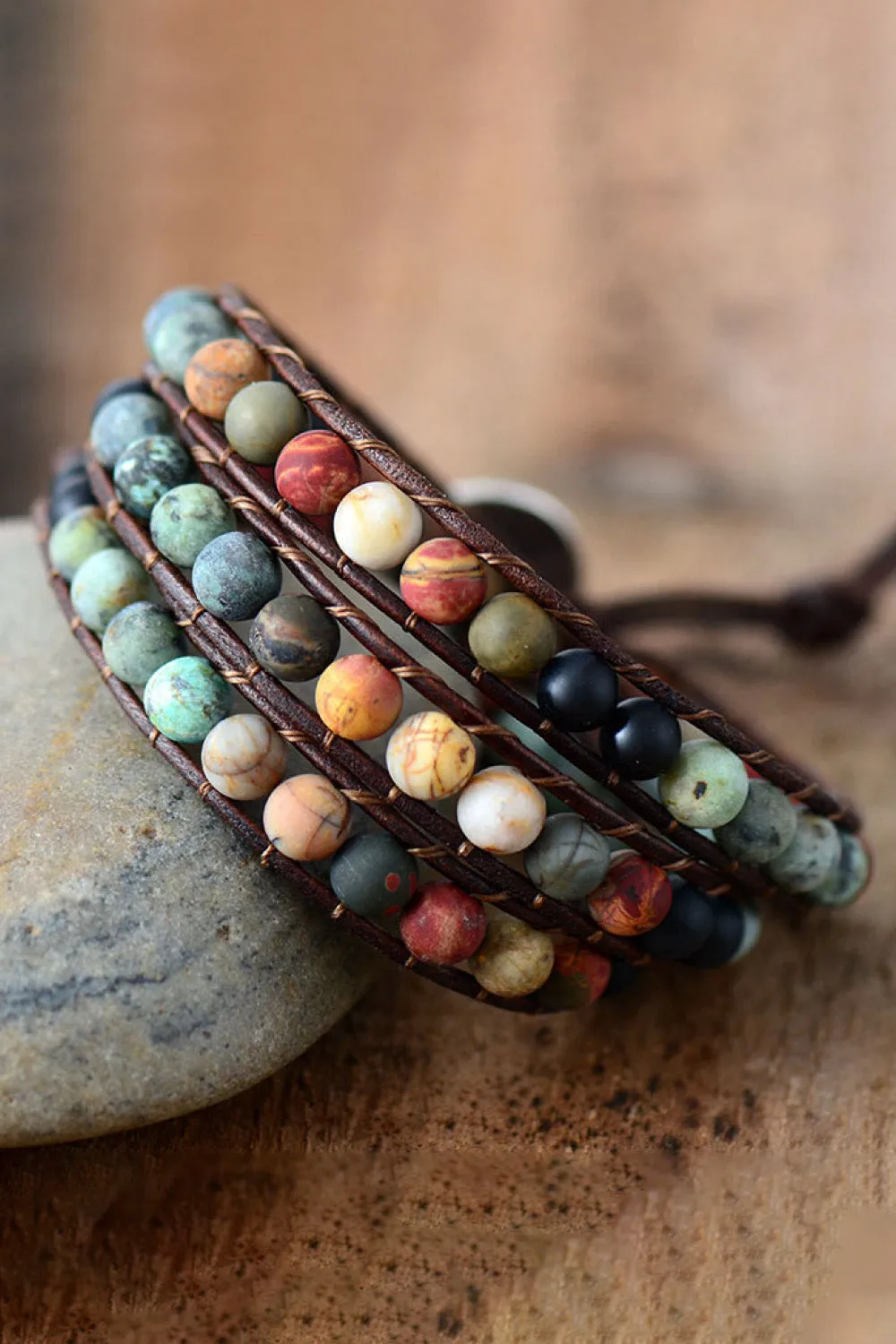 Earthly Elegance: Handmade Triple Layer Beaded Agate Bracelet