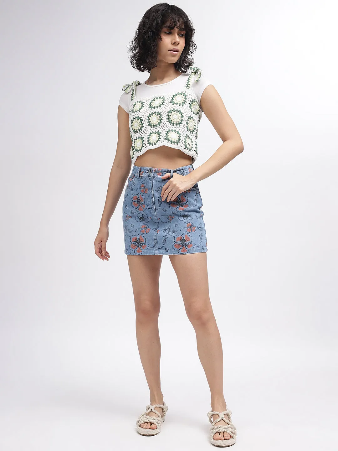 Elle Women Blue Printed Fitted Skirt