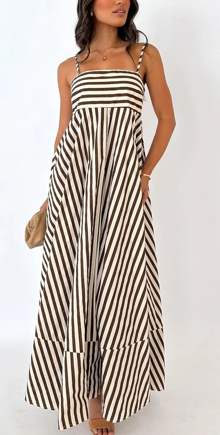 Faretumiya Women Spaghetti Strap Flowy Maxi Dress Sleeveless Stripe Print Smocked Boho Ruffle Vacation Long Beach Sundress