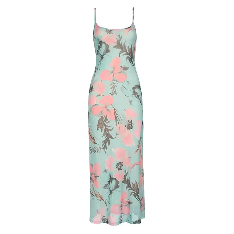 Fashion Chic Strap Mesh Maxi Dress Female Vintage Holidays French Flowers Printed Summer Dress Long Elegant Sundress