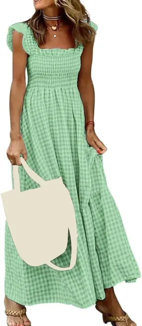 Flowy Dresses for Women Spring Summer Casual Plaid Dresses Smocked Spaghetti Strap Long Dress Vacation Maxi Dress