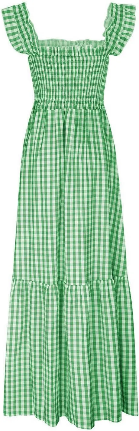 Flowy Dresses for Women Spring Summer Casual Plaid Dresses Smocked Spaghetti Strap Long Dress Vacation Maxi Dress