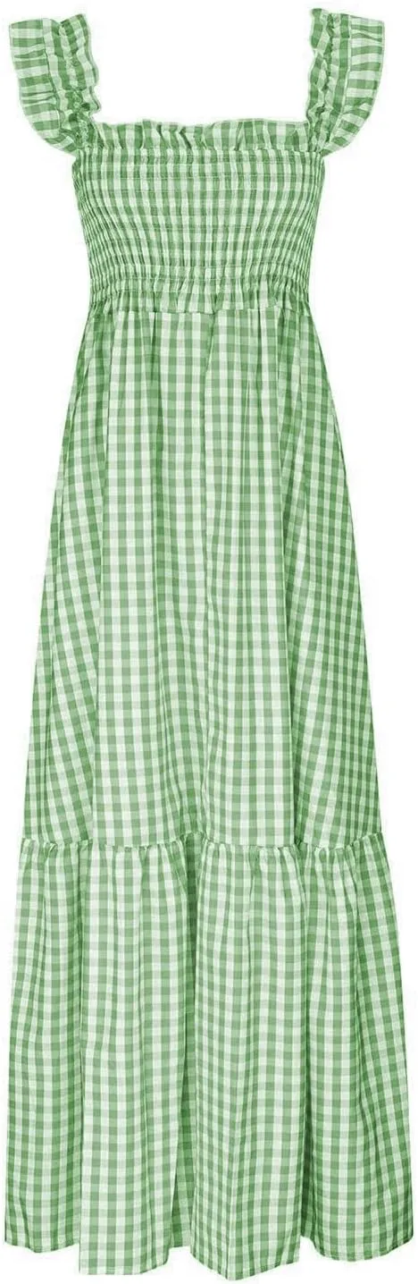 Flowy Dresses for Women Spring Summer Casual Plaid Dresses Smocked Spaghetti Strap Long Dress Vacation Maxi Dress