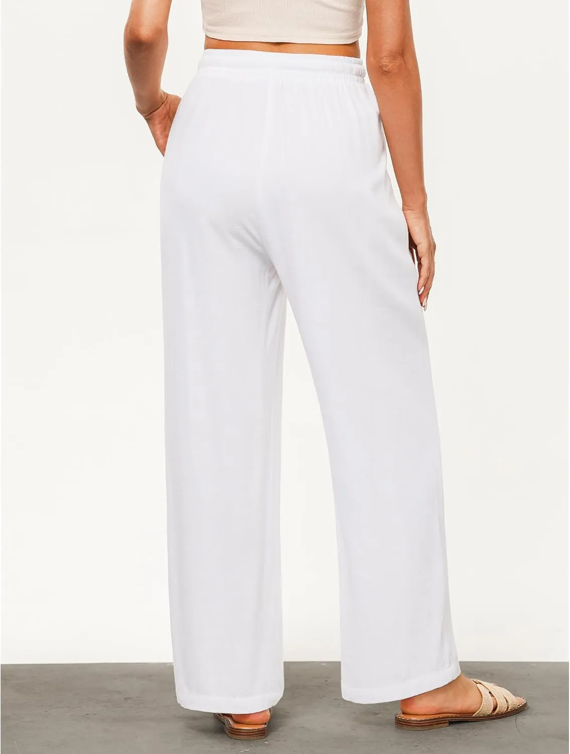 GRAPENT Linen Pants for Women Wide Leg High Waisted Baggy Drawstring Elastic Waist Palazzo Trousers Pants with Pockets