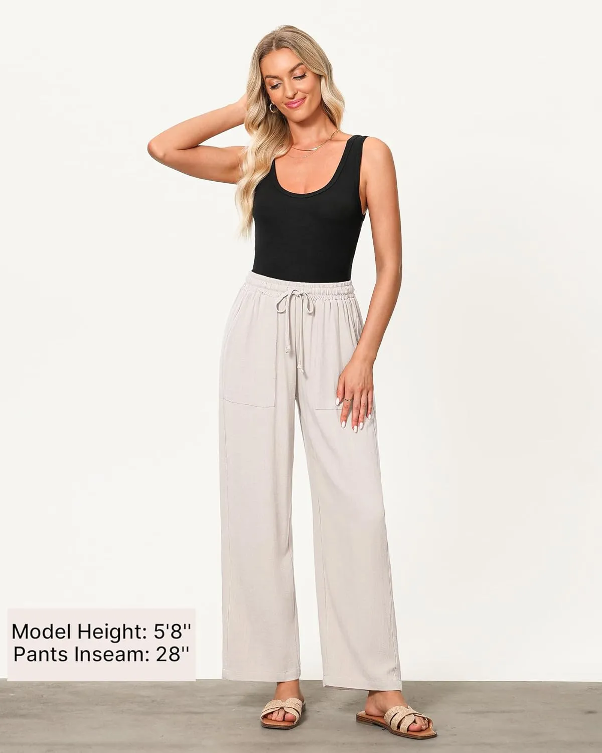 GRAPENT Linen Pants for Women Wide Leg High Waisted Baggy Drawstring Elastic Waist Palazzo Trousers Pants with Pockets
