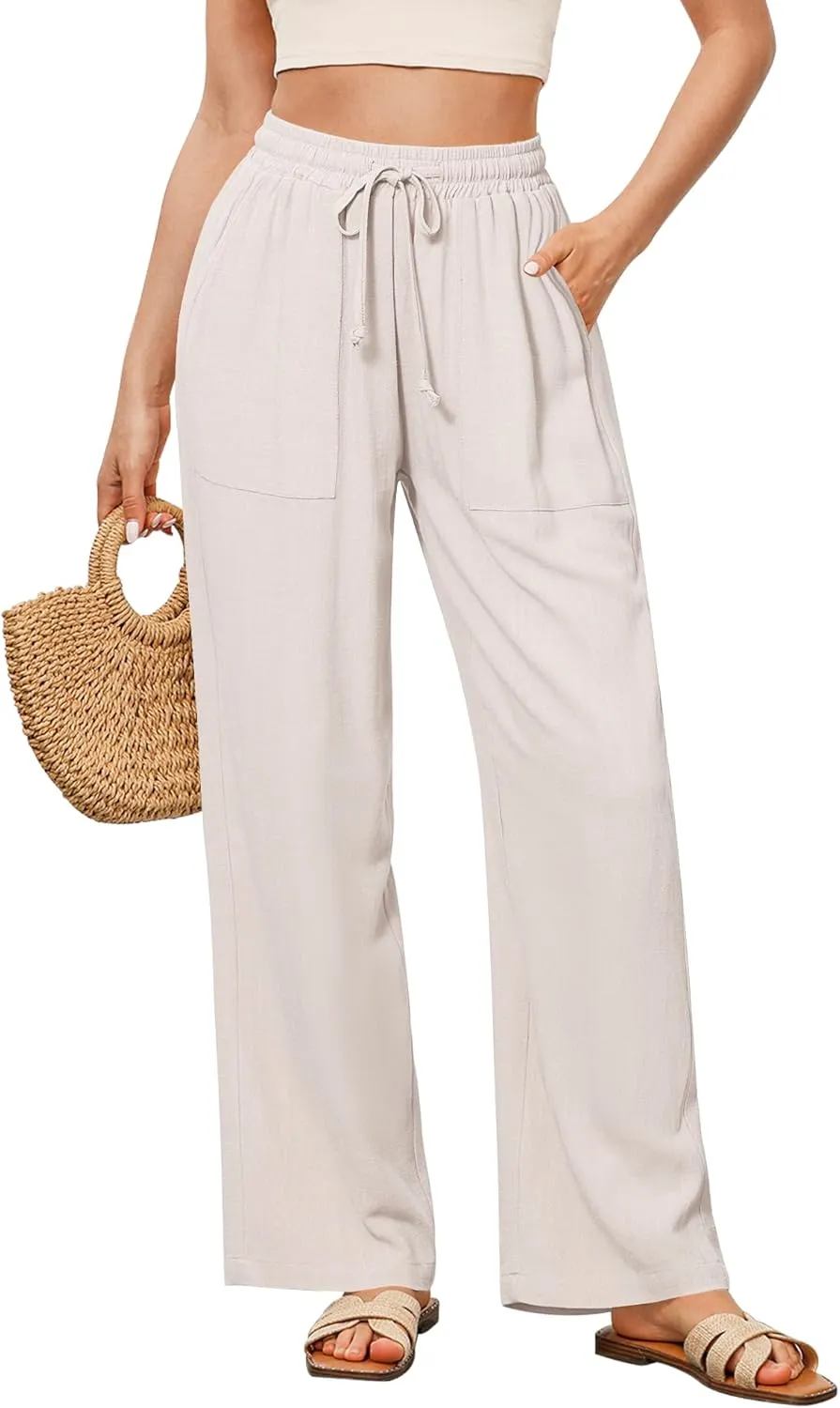 GRAPENT Linen Pants for Women Wide Leg High Waisted Baggy Drawstring Elastic Waist Palazzo Trousers Pants with Pockets
