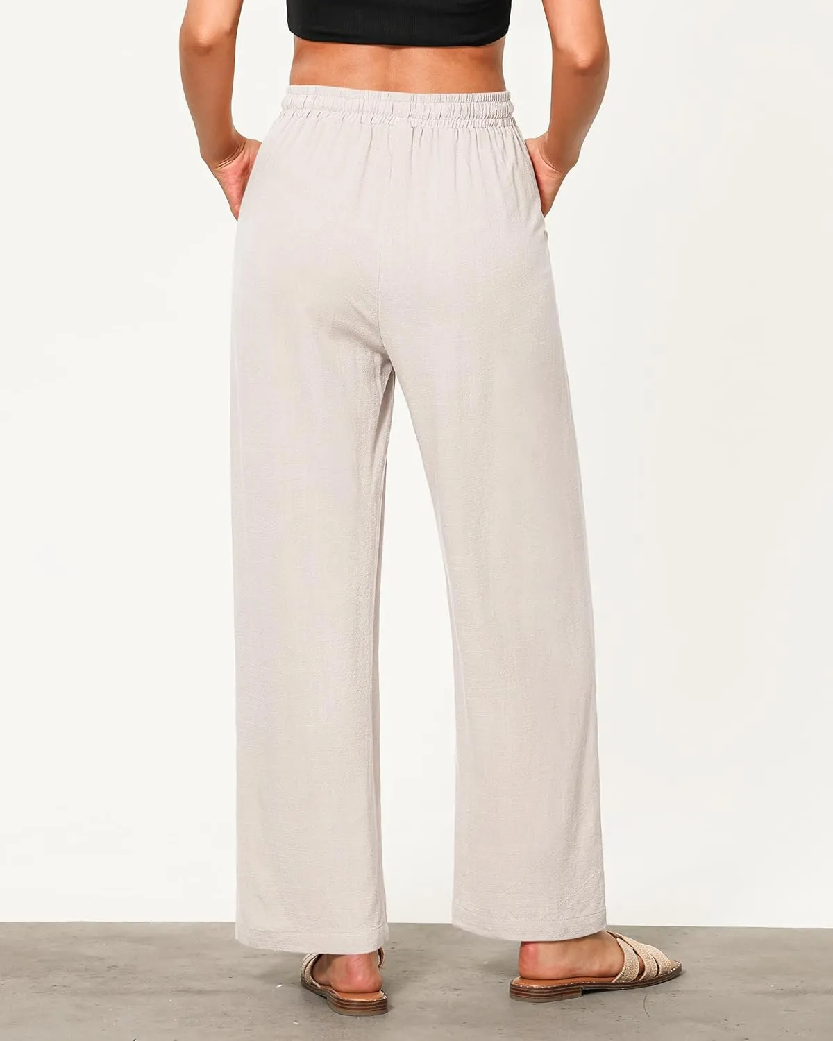 GRAPENT Linen Pants for Women Wide Leg High Waisted Baggy Drawstring Elastic Waist Palazzo Trousers Pants with Pockets
