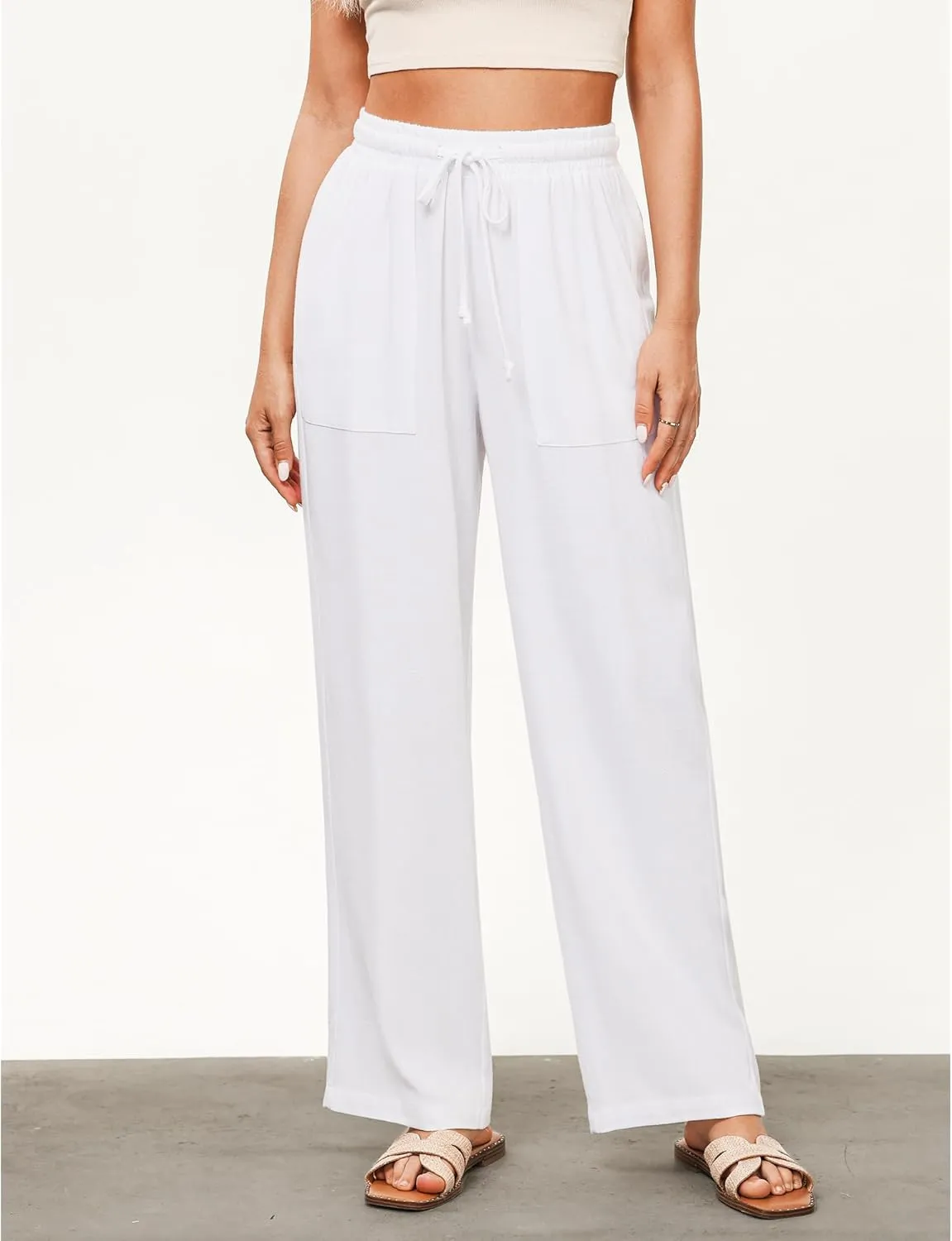 GRAPENT Linen Pants for Women Wide Leg High Waisted Baggy Drawstring Elastic Waist Palazzo Trousers Pants with Pockets