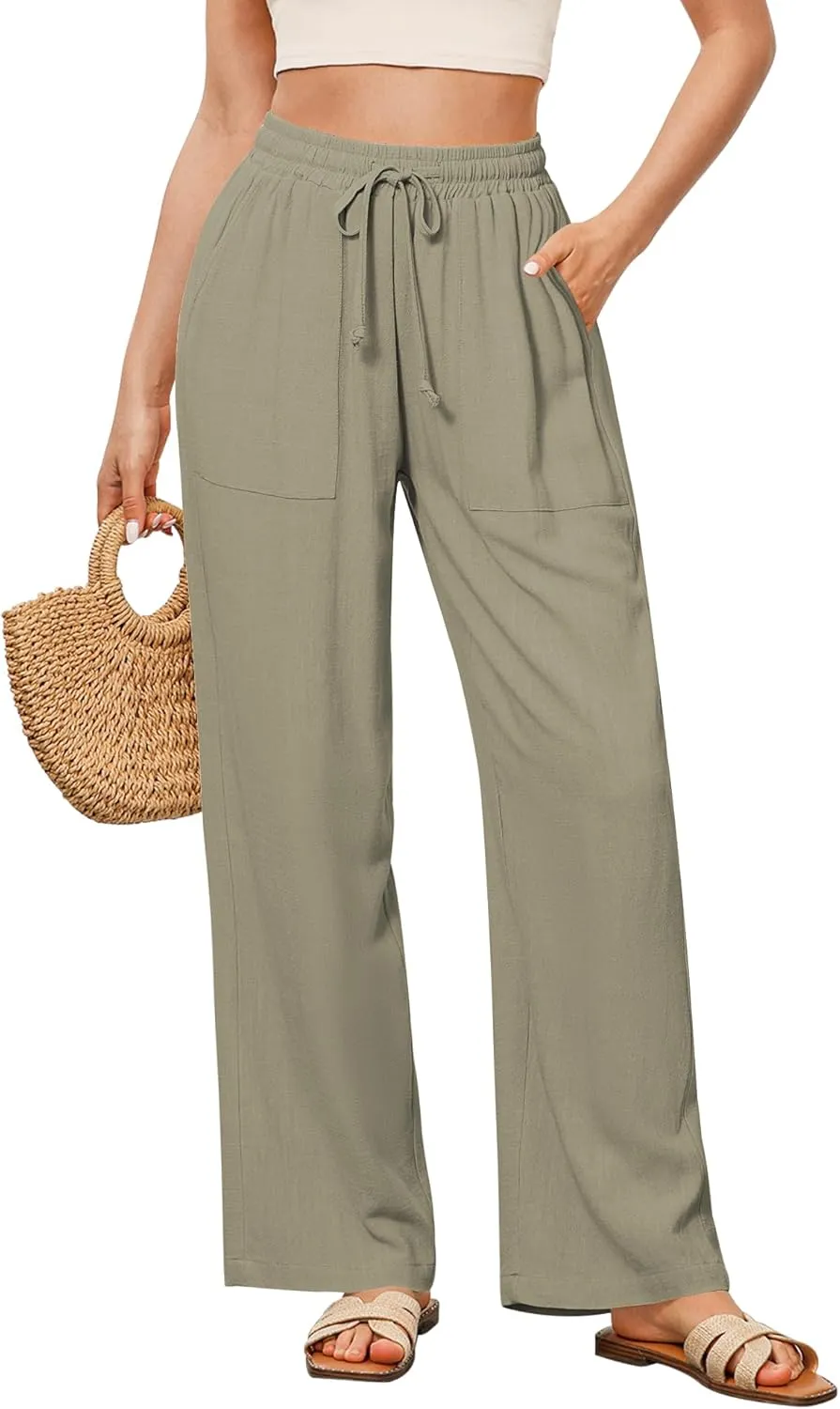GRAPENT Linen Pants for Women Wide Leg High Waisted Baggy Drawstring Elastic Waist Palazzo Trousers Pants with Pockets