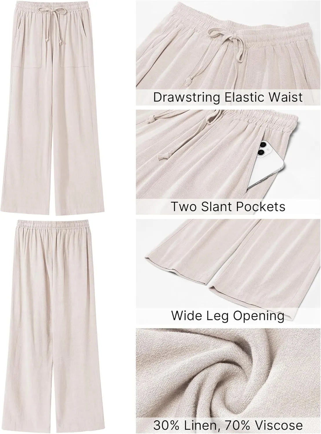GRAPENT Linen Pants for Women Wide Leg High Waisted Baggy Drawstring Elastic Waist Palazzo Trousers Pants with Pockets
