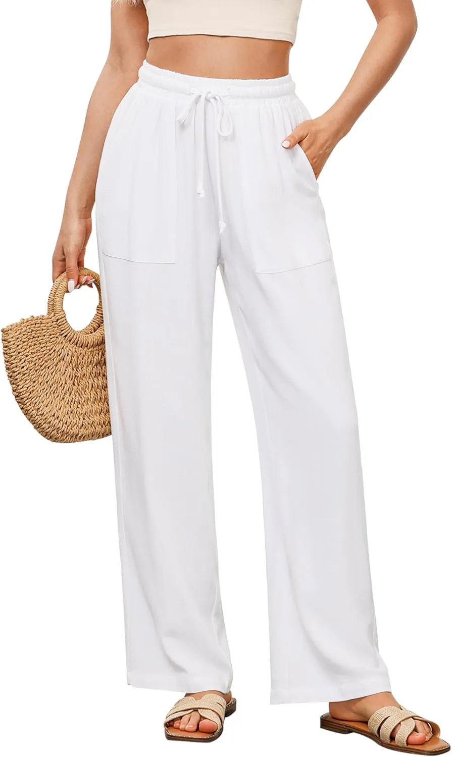 GRAPENT Linen Pants for Women Wide Leg High Waisted Baggy Drawstring Elastic Waist Palazzo Trousers Pants with Pockets